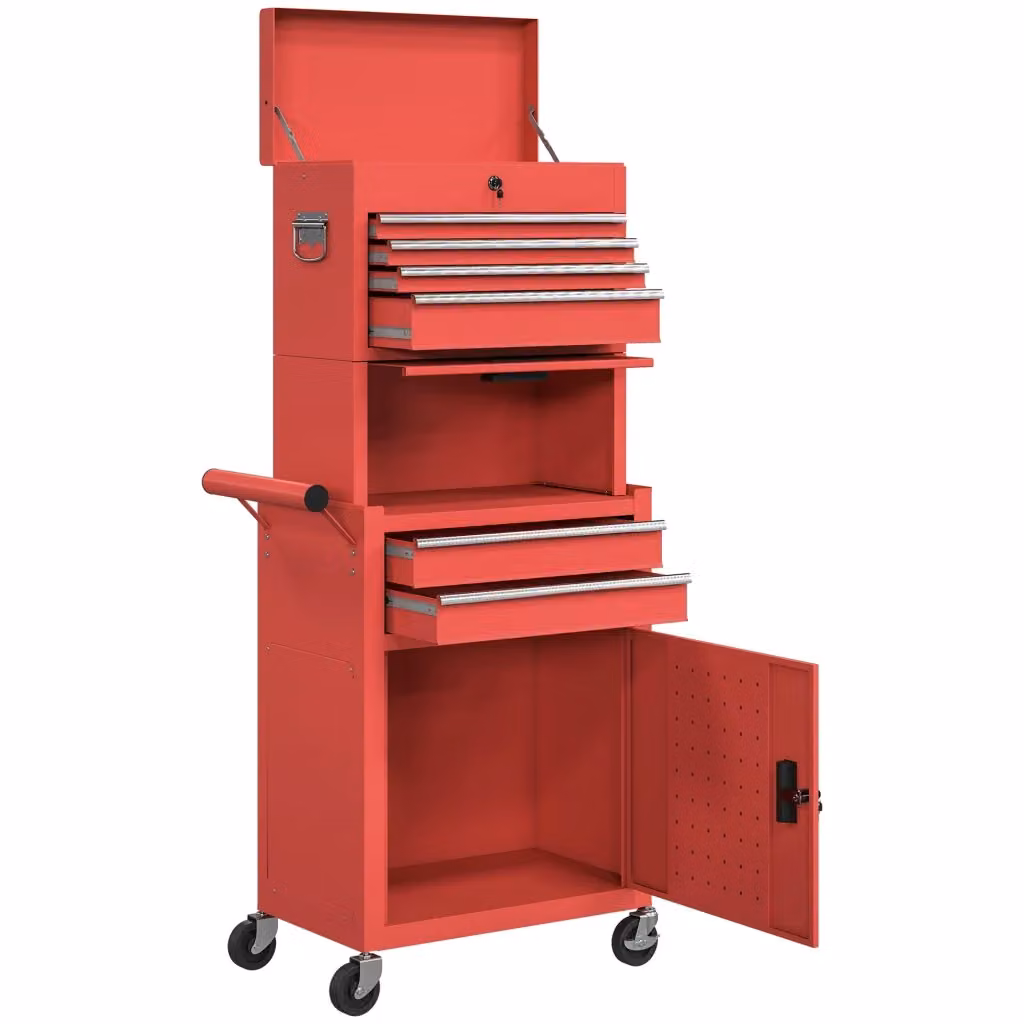 Carrello Porta Attrezzi in Acciaio Rosso con 6 Cassetti, 2 Armadi, Pannello Forato, Serratura e Ruote – 2
