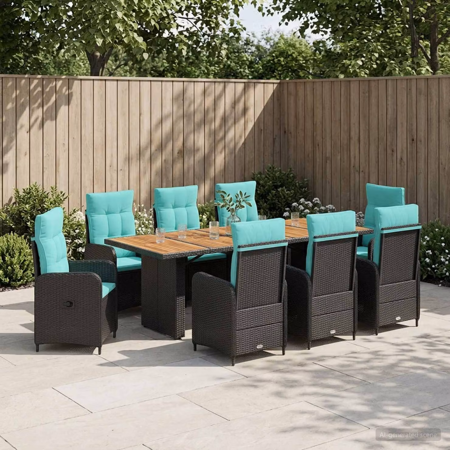 Set da pranzo per esterni vidaXL in polyrattan e legno di acacia, 9 pezzi, Nero e Turchese
