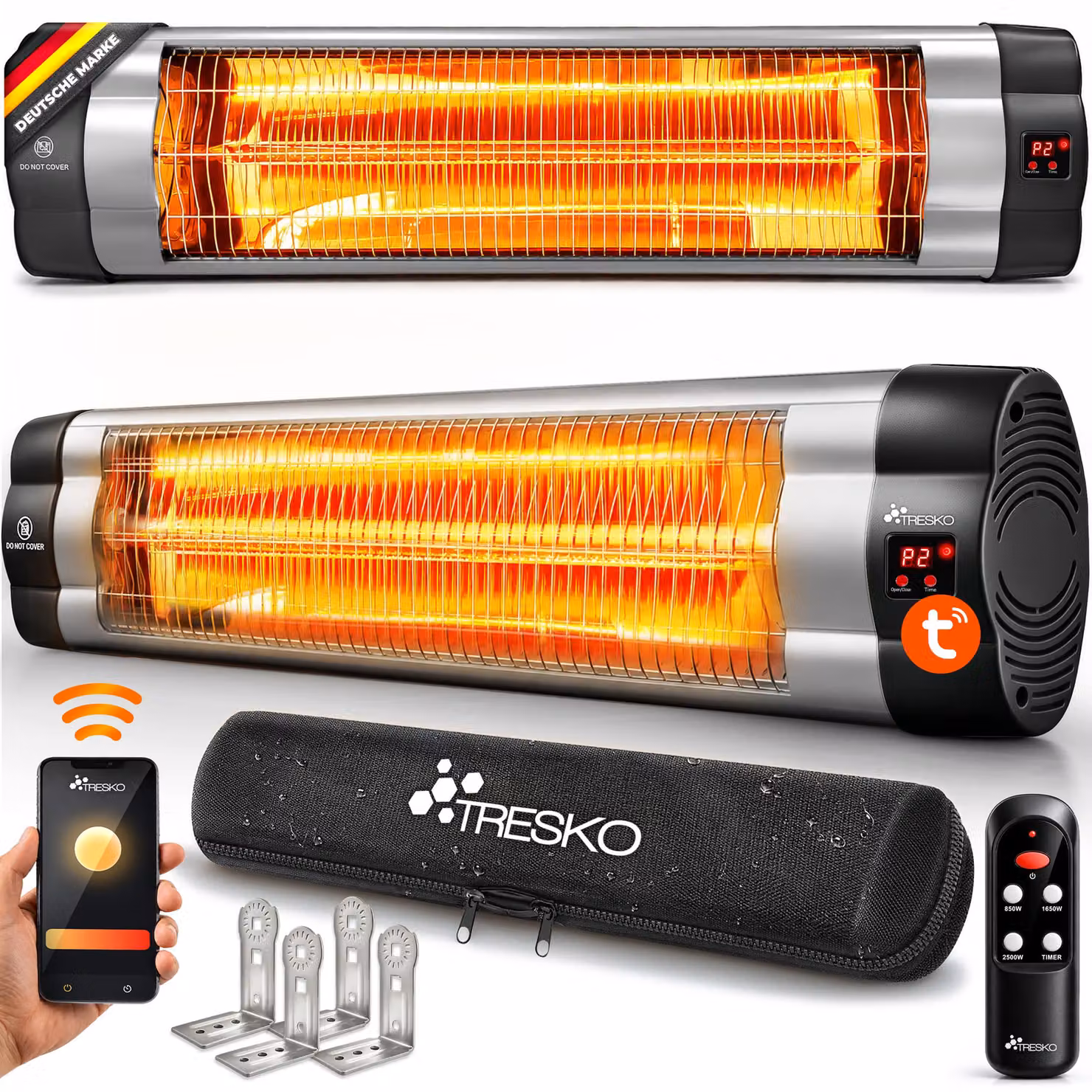 Riscaldatore a infrarossi TRESKO® da 2500W con Wi-Fi e telecomando, per interni ed esterni | Riscaldatore per terrazza con 3 livelli di riscaldamento e display LED | Riscaldatore a infrarossi da parete, ideale per terrazze, riscaldatore a infrarossi, risc