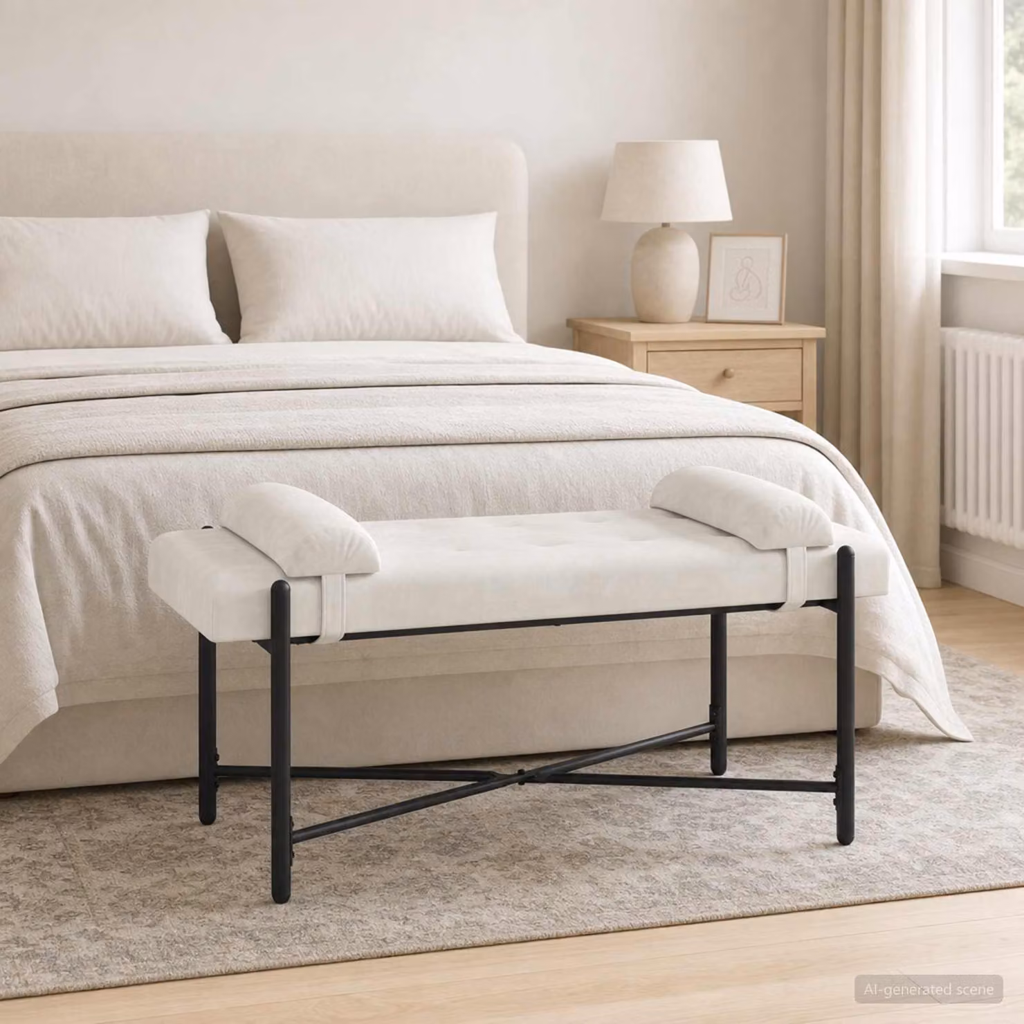 Panchina moderna vidaXL in velluto beige con bottoni e cuscini L: 110 cm, P: 40 cm, H: 46 cm