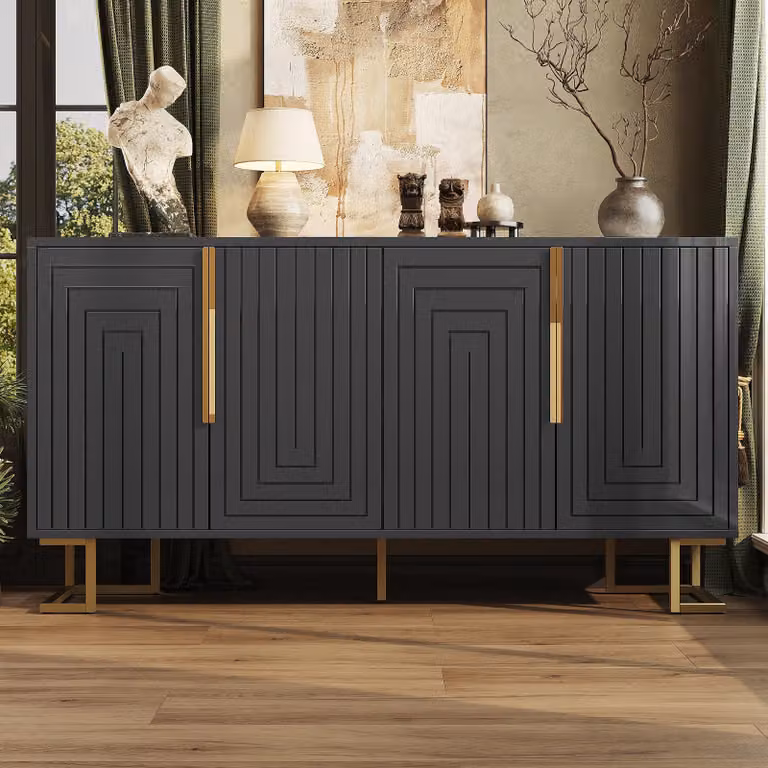 Credenza Flieks 152x40x75 cm, cassettiera a 4 ante, mobile buffet con maniglie e piedini dorati, mobile in piedi dal design geometrico, nero
