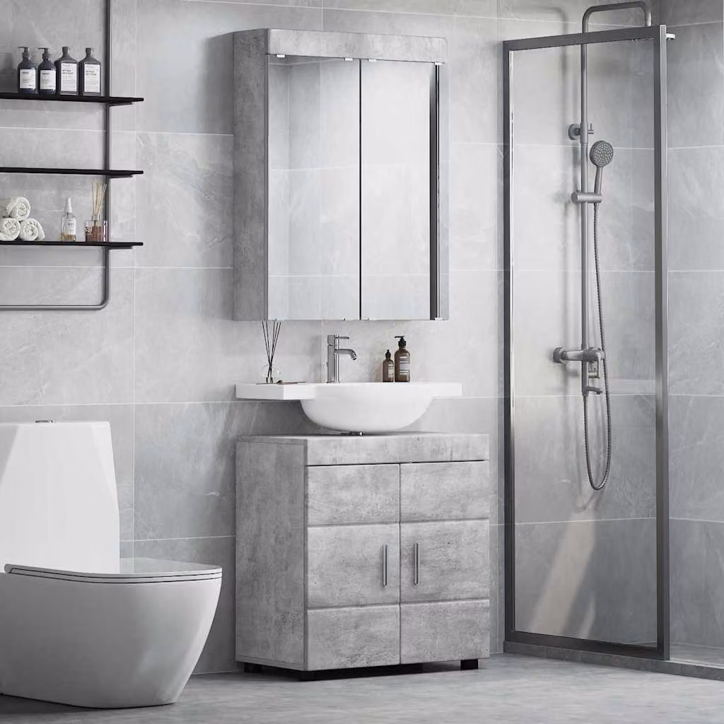 Set di mobili per il bagno vidaXL TULUM composto da mobile lavabo e armadietto con specchio, Grigio cemento, L: 60,0 cm, P: 34,0 cm, H: 63,0 cm