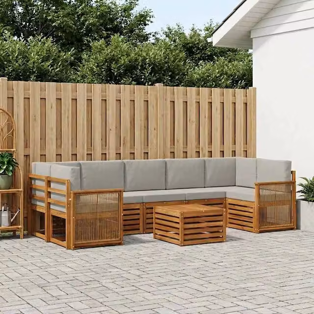 Set di divani da esterno vidaXL in legno di acacia con cuscini, 8 pezzi, Beige e Grigio