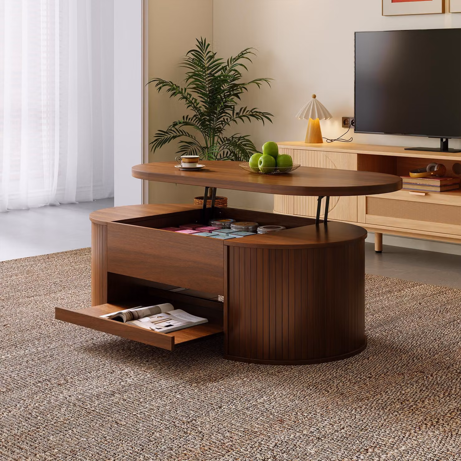 Tavolino da caffè Merax regolabile in altezza, ripiano estensibile, spazio di archiviazione, design moderno con lati in legno curvato, mobili da salotto, noce