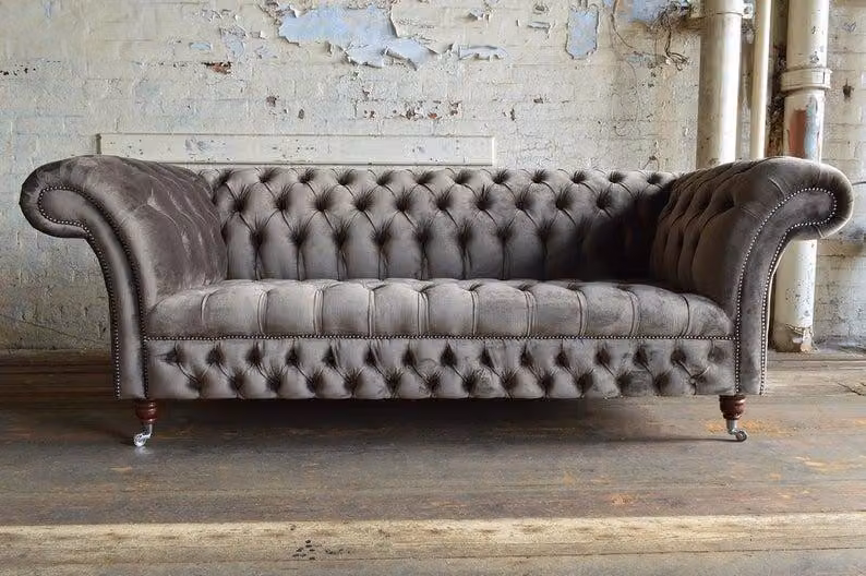 Sofa Luxus Textil Chesterfield Couch Sofas Polster 3 Sitzer Garnitur Grau Samt