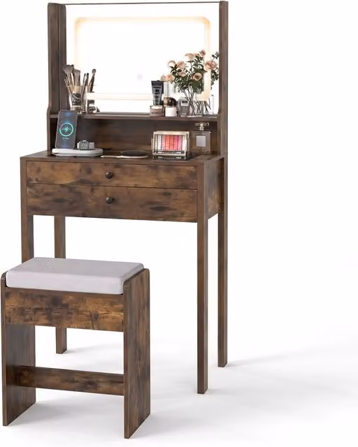 Toeletta con specchio LED e sgabello imbottito DESIGN IN, tavolo da trucco moderno marrone con piano in vetro