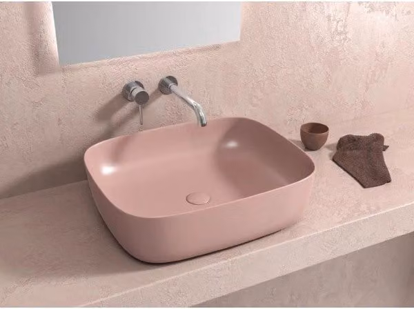 Lavabo rettangolare da appoggio rosa senza foro JEY 49x39,5x15 cm