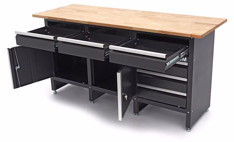 Carrello portautensili professionale in metallo per officina con 6 cassetti,2 ante ruote-mobile 171 cm ,portattrezzi con piano di lavoro in legno massiccio Hbm Machines Olanda