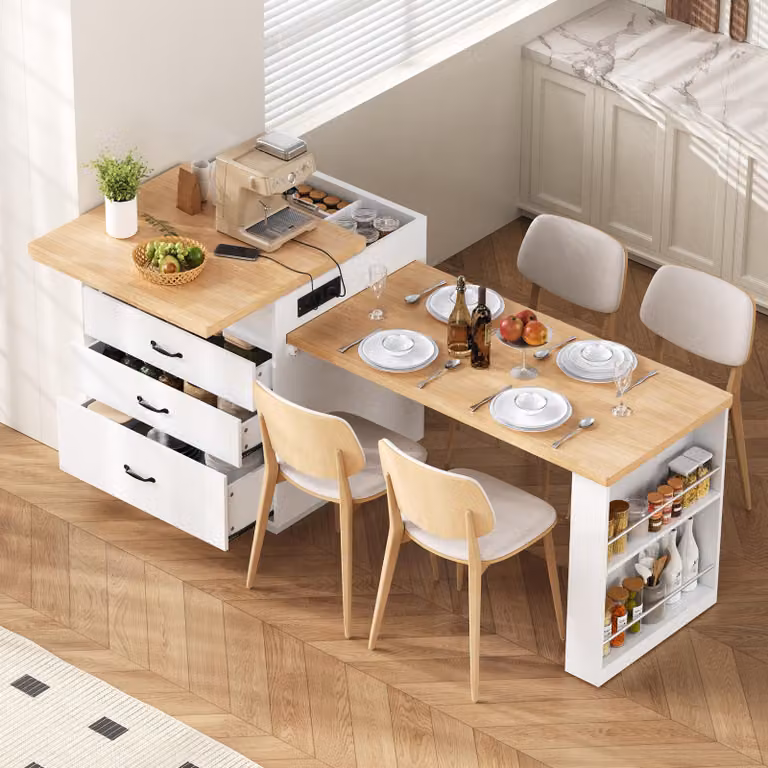 Isola da cucina con illuminazione a LED e prese elettriche, bancone da bar, mobile contenitore con cassetti e spazio aperto, tavolo da cucina con piano allungabile e ribaltabile, colore bianco