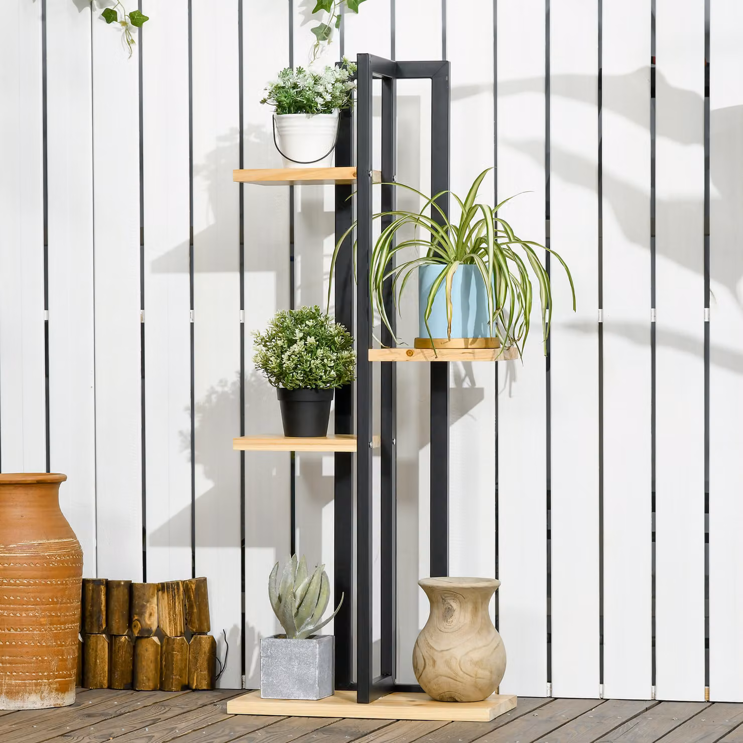Outsunny Portapiante Industriale con 4 Ripiani in Legno di Abete e Metallo, L 45 cm x P 25 cm x H 110 cm, Nero e Marrone – 2