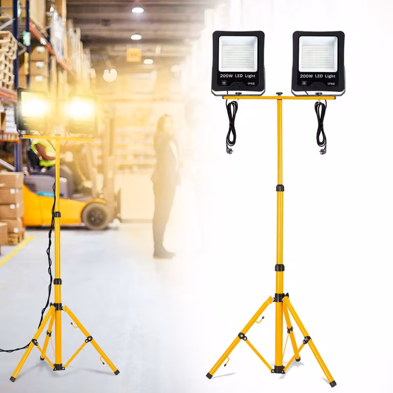 VA-Cerulean: Faretto da cantiere LED da 2x 200W con treppiede telescopico, luce bianco caldo, grado di protezione IP66, cavo da 3 metri, ideale per illuminazione esterna e officine