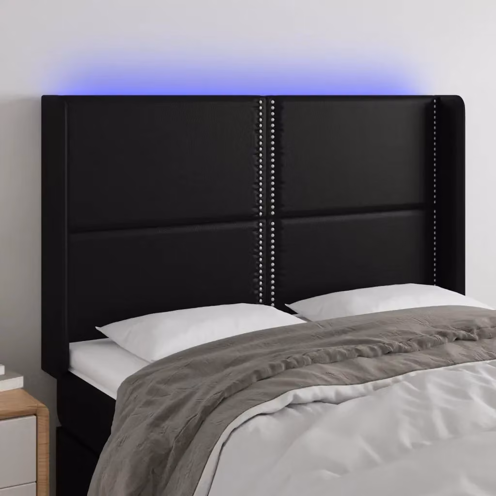 Testata del letto moderna in similpelle nera con illuminazione LED integrata e porta di ricarica USB, L: 147 cm, P: 16 cm, H: 118/128 cm – 2