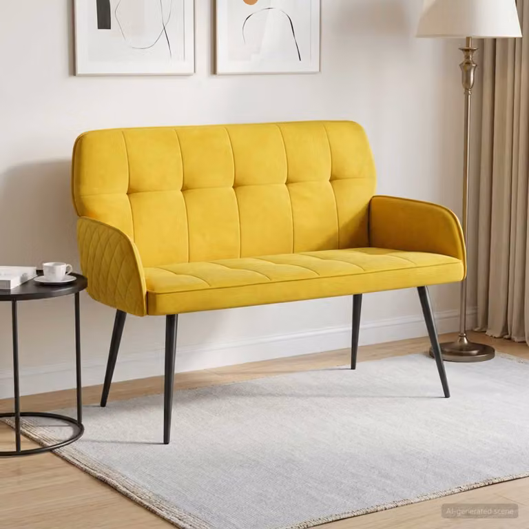 Divano a 2 posti vidaXL in velluto giallo con gambe in metallo e struttura in legno per soggiorno o camera da letto L: 115 cm, H: 86 cm, P: 58 cm