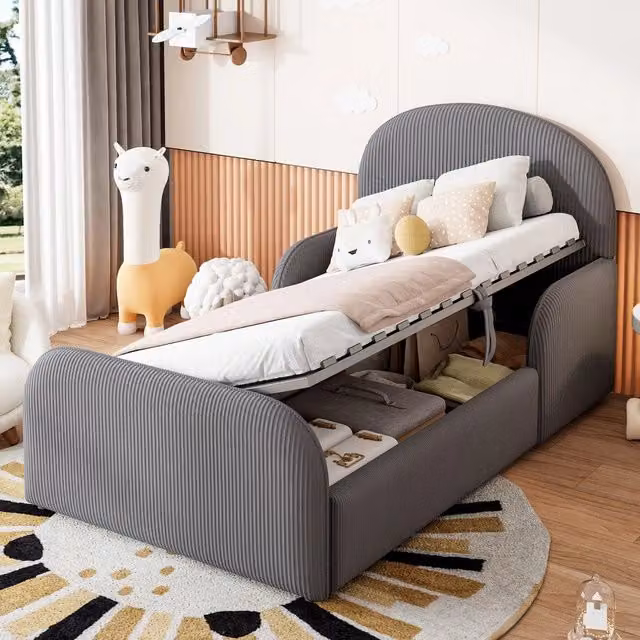 Letto imbottito per bambini con contenitore idraulico ¨C Minimal ¨C grigio velluto 90x200 cm con testiera pediera e maniglie di sicurezza