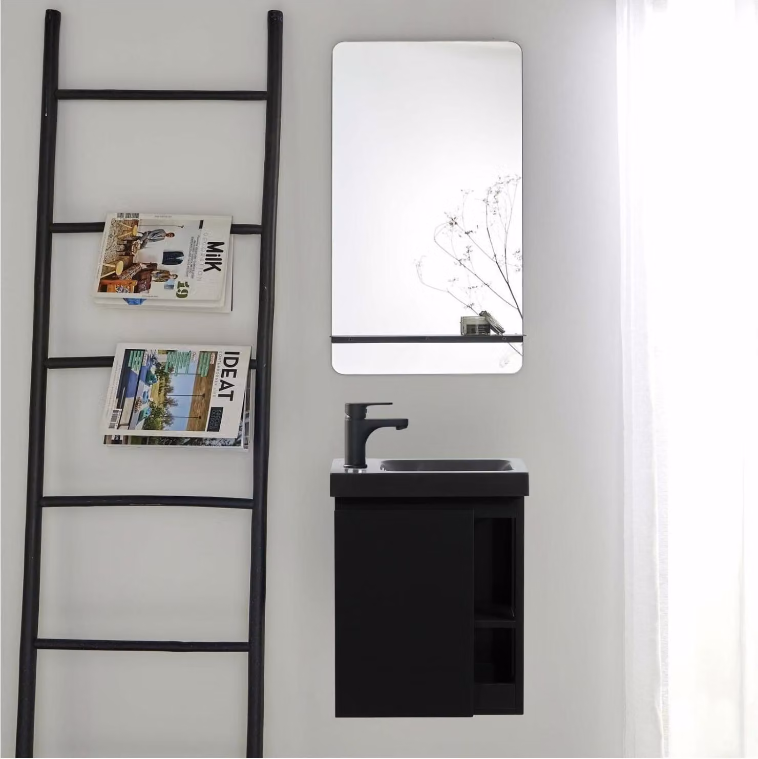 Set lavabo nero HAMPTON con contenitore laterale e mensola a specchio