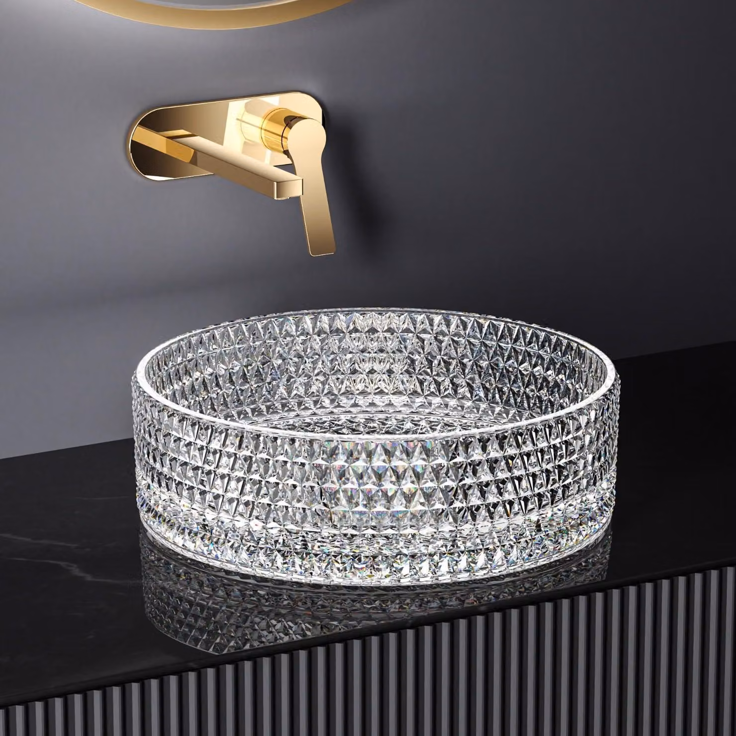 EMKE, lavabo in vetro, 36x36 cm, forma rotonda, trasparente