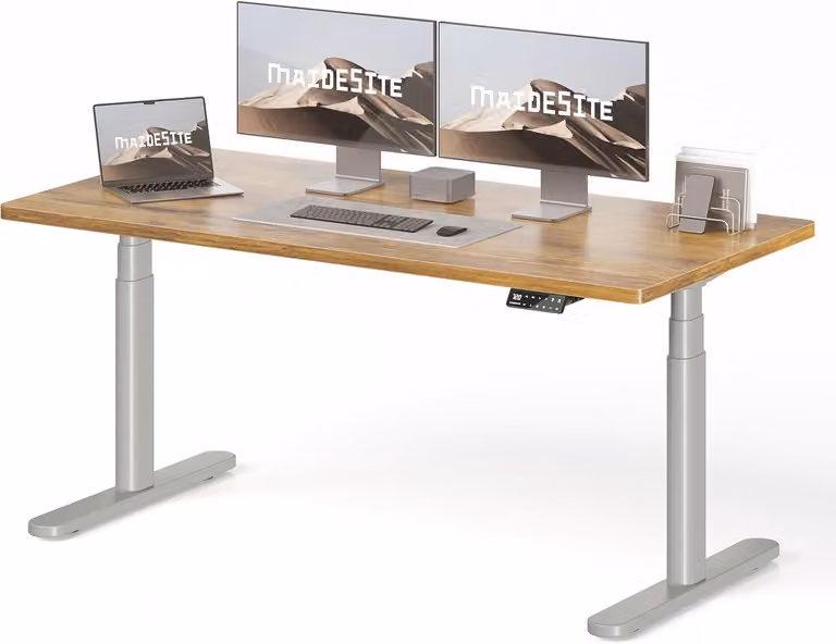 Scrivania regolabile in altezza, elettrica, dimensioni 140x70 cm, struttura in acciaio, colore marrone vintage
