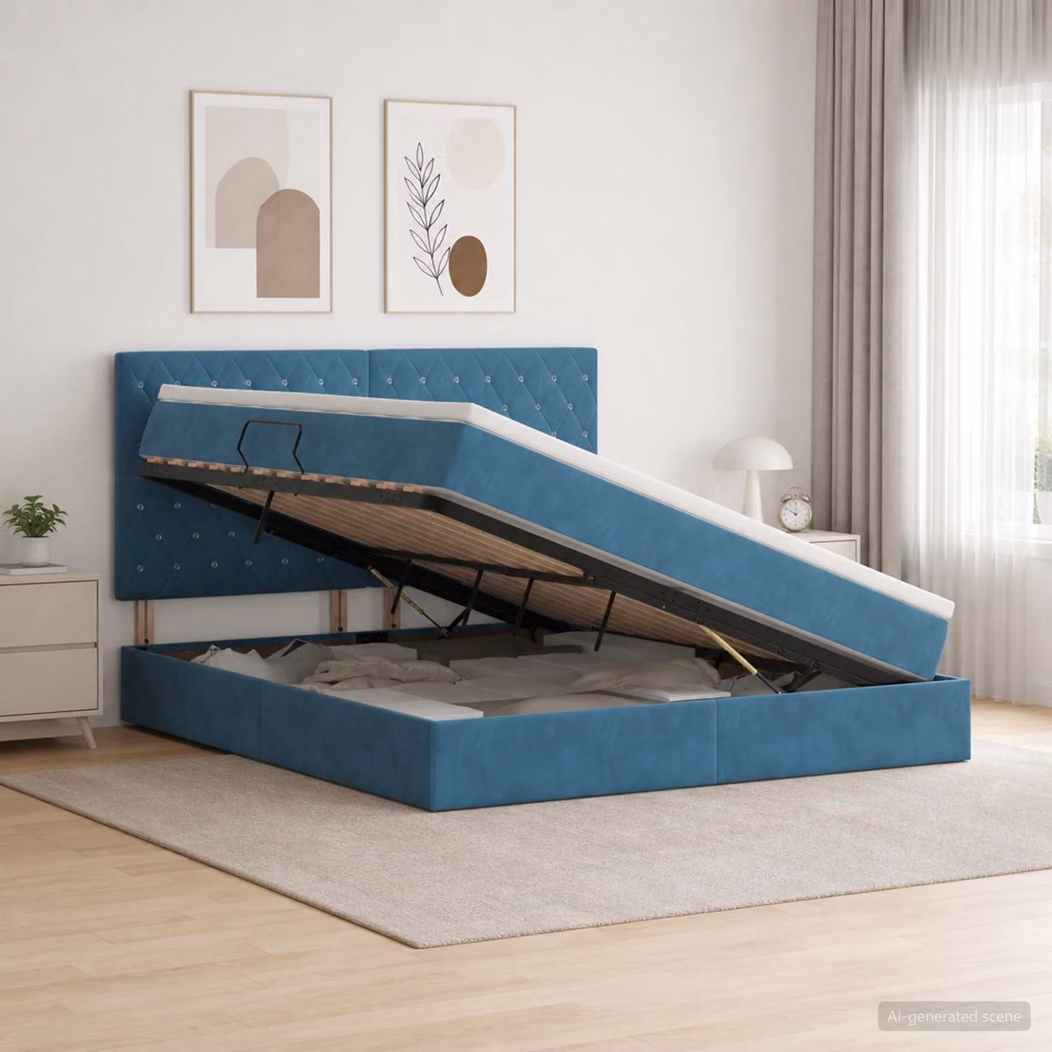 Letto con contenitore e materasso vidaXL Blu, con base a sollevamento, porta USB e illuminazione sottostante, L/P/H: 160 x 200 x 140 cm