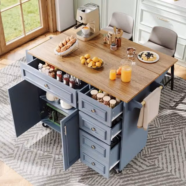Isola Cucina Multifunzionale MINIMAL Blu in Legno e MDF con Piano Estensibile L/P/H: 110 x 45 x 92 cm
