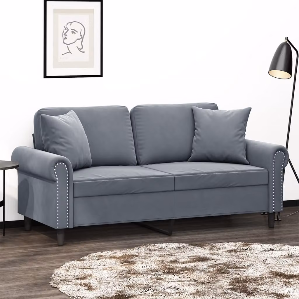 vidaXL Divano a 2 Posti Moderno in Velluto Grigio con Cuscini e Struttura in Metallo – 1
