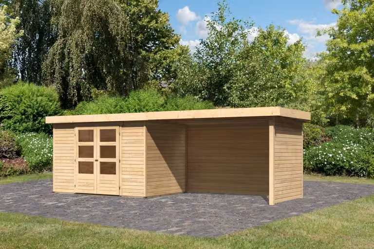 Casetta da giardino Woodfeeling Askola 4 in set con tetto aggiuntivo, larghezza 2,80 m e pareti laterali e posteriore in legno naturale da 19 mm; 77734