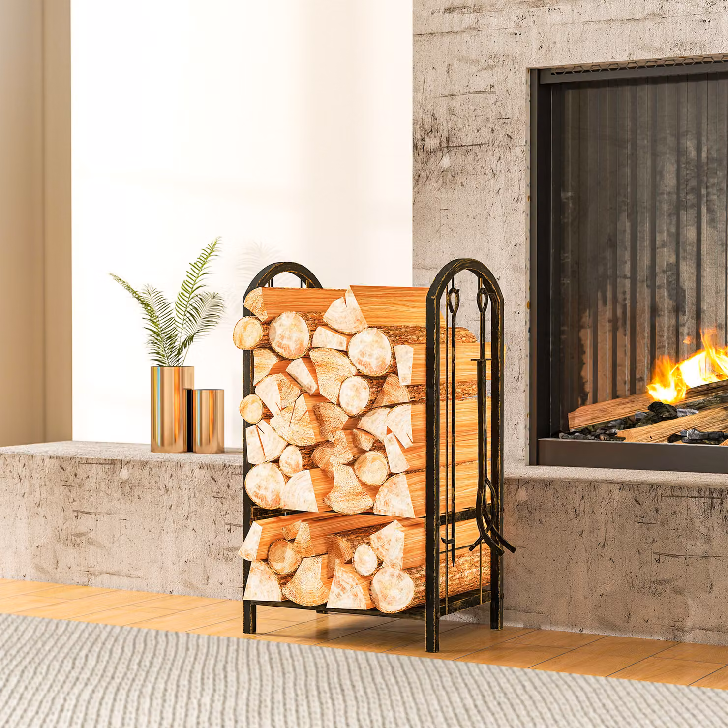 Scaffale per camino Outsunny a 2 livelli con 4 attrezzi e ganci, Marrone, L: 43 cm, P: 30 cm, H: 74 cm – 2