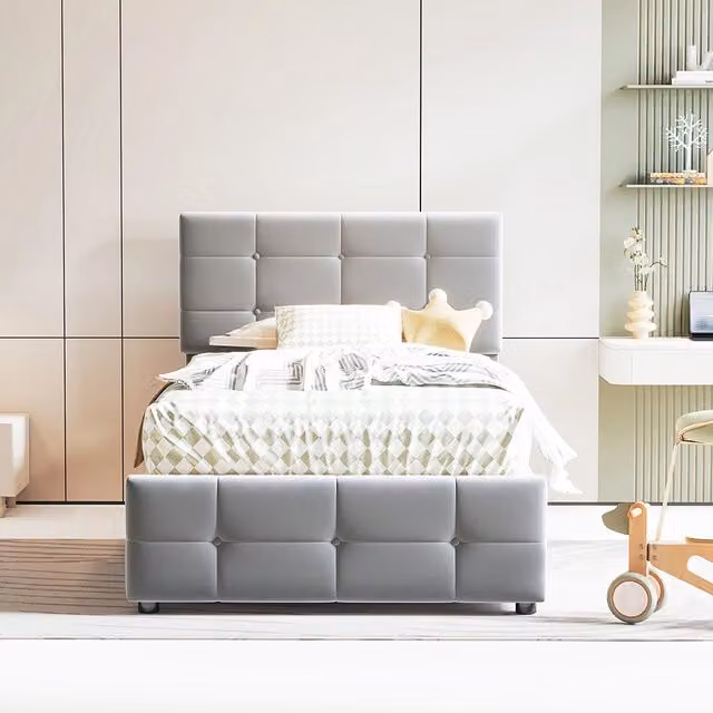 Letto a cassone imbottito per bambini - Xylo - 90x200 cm - Grigio - Testiera regolabile in altezza