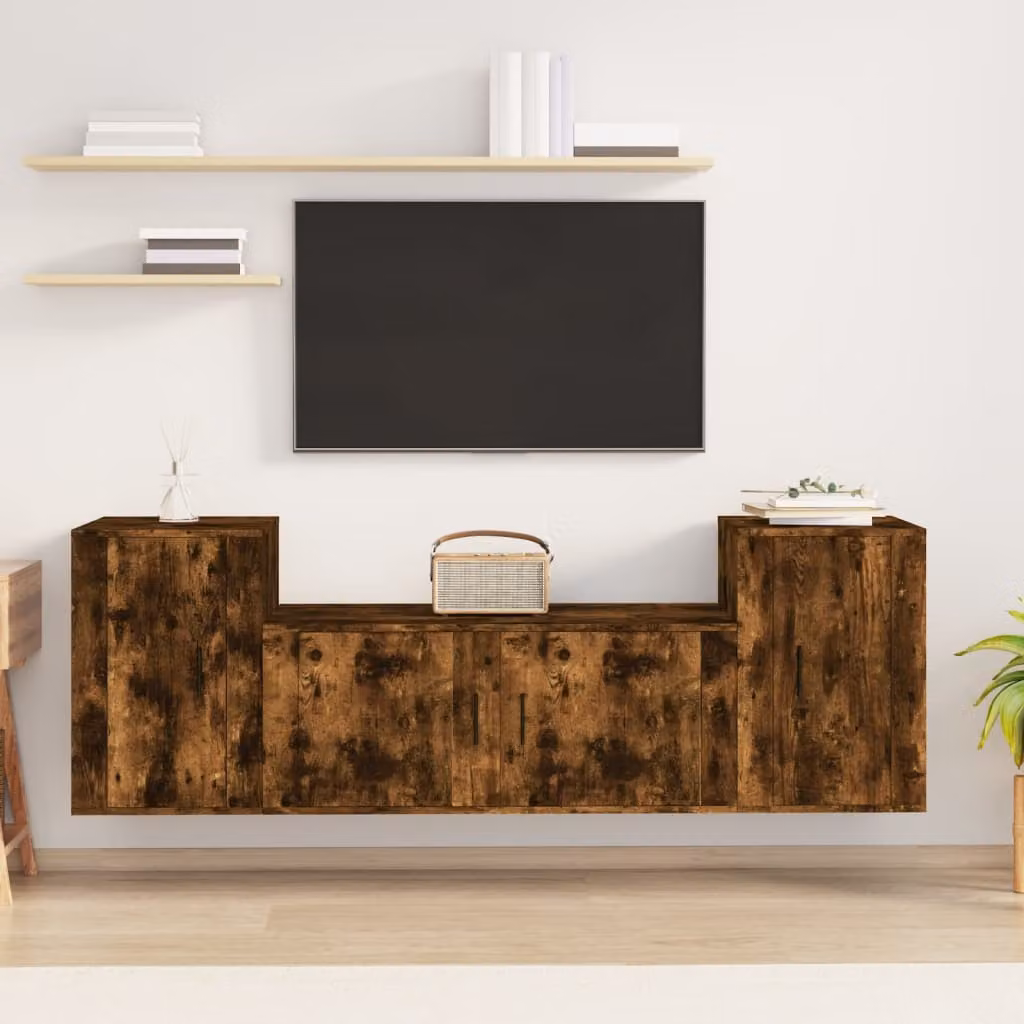 Set di mobili porta TV da 3 pezzi vidaXL in legno multistrato color rovere fumo marrone per soggiorno con montaggio a parete