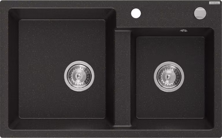 Mexen Tomas lavello in granito a 2 vasche 800 x 500 mm, nero/oro metallico, sifone cromato - 6516802000-75