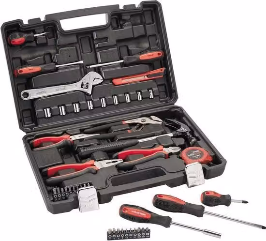 Kit di attrezzi fai da te da 43 pezzi con chiavi, pinze, martelli e coltello, Rosso e Nero