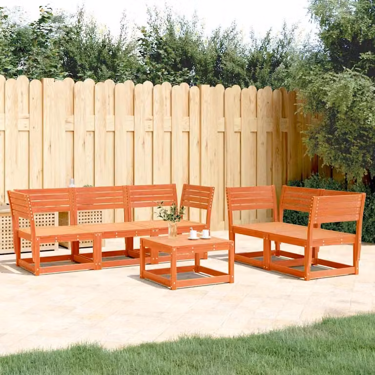 Set di divani da giardino vidaXL a forma di L in legno di pino massello trattato, colore marrone con cuscini arancioni, 5 pezzi