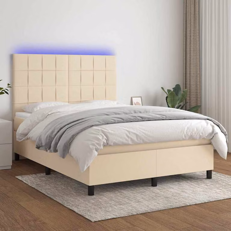 Letto Ibrido vidaXL con Materasso, Illuminazione LED Sotto il Letto e Porta USB, Tessuto Beige, L/P: 140 x 190 cm