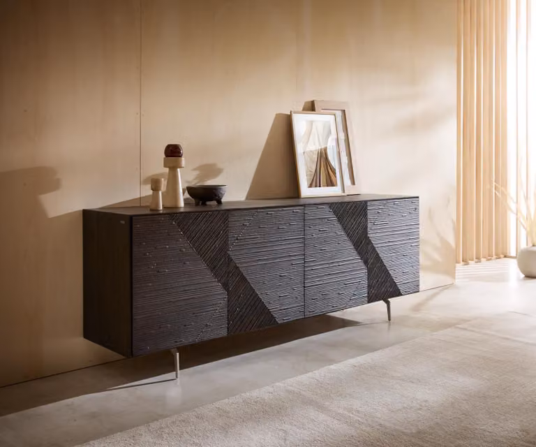 DELIFE Credenza Tereos 200 cm frassino testa di moro effetto 3D 4 porte base angolare acciaio inox spazzolato