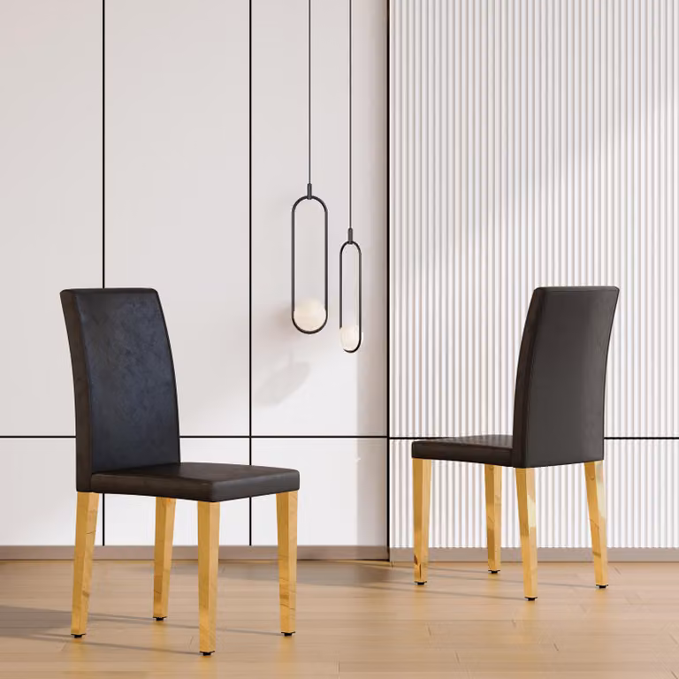 Set di 2 sedie da pranzo, design minimalista, rivestite in ecopelle, gambe in metallo, stile lussuoso e leggero (nero e oro)