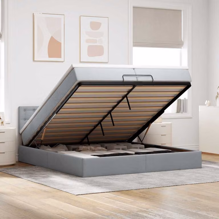 vidaXL Struttura Letto con Materasso e Contenitore a Sollevamento in Tessuto Grigio e Bianco L/P/H: 200 x 200 x 28 cm