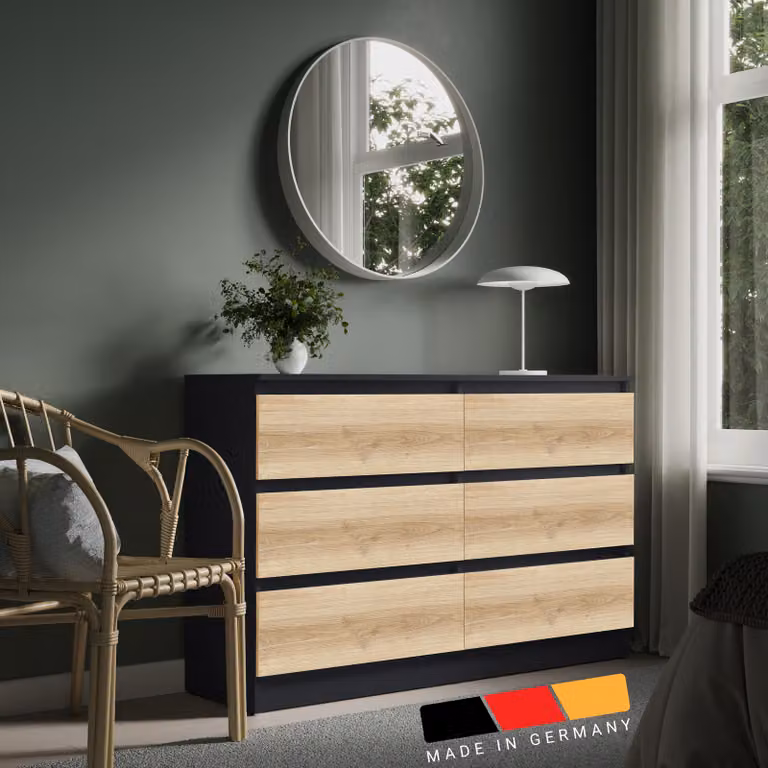 Cassettiera larga 80 | 100 | 120 | 140 cm con cassetti Cassettiera in legno di rovere artigianale antracite Mobile con credenza Credenza Credenza Organizzatore larghezza 120 cm 6 cassetti