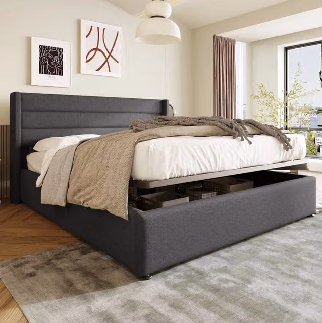 Letto matrimoniale imbottito con contenitore idraulico 160x200 cm in lino grigio