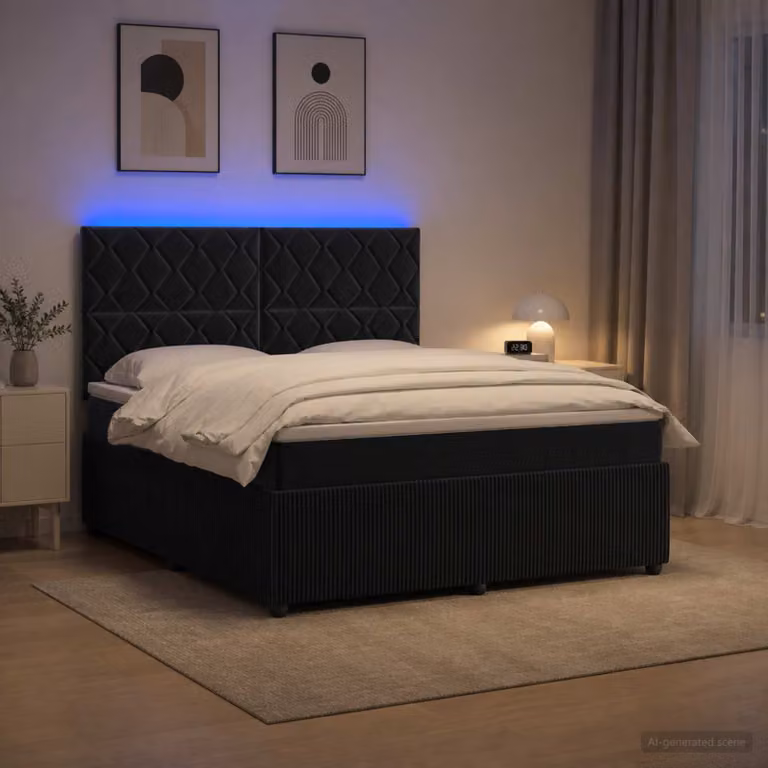 Letto Box Spring vidaXL in Velluto Nero con Materasso Ibrido e Illuminazione LED USB L/P: 140 x 200 cm