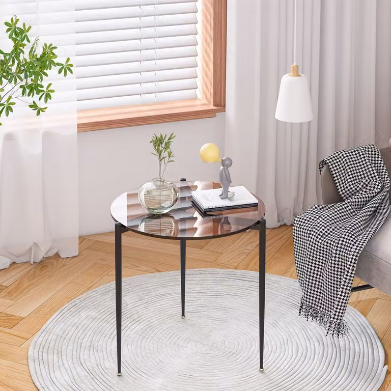 WISFOR tavolino con struttura in ferro Ø50 tavolo rotondo in vetro, tavolo da divano in robusto vetro temperato, tavolo da salotto decorativo, senso del design, marrone