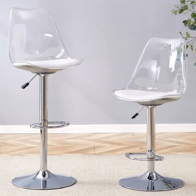 Sgabello da bar set da 2 con altezza regolabile e rotazione 360 schienale in plastica trasparente e PU bianco metallo argento