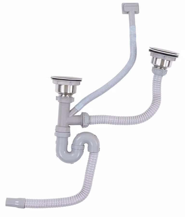 Sifone a due bocche per lavabo doppio - Scarico flessibile per lavello - Acciaio inossidabile - ABS - 12 accessori - Scarico rapido - Kit di scarico