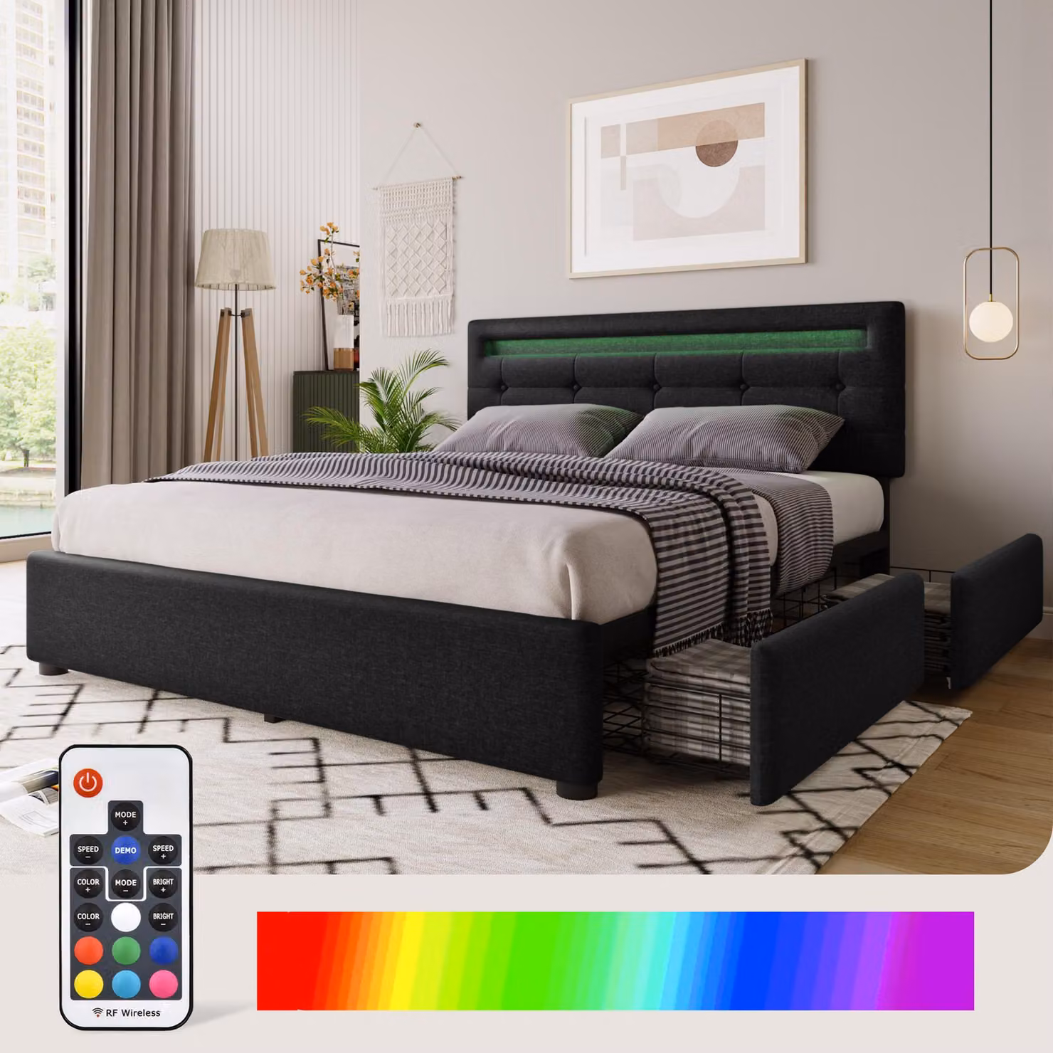 Letto imbottito 140x200, con illuminazione LED, 4 cassetti, testiera regolabile in altezza, rete a molle, senza materasso.
