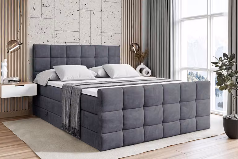 Letto boxspring ALTDECOR con materasso e rete a doghe - APO -Z KING - 180x200 cm - Velluto grigio scuro - Coprimaterasso, pediera, letto imbottito con contenitore, letto con contenitore H3 e H4 - Materasso, letto matrimoniale, letto boxspring