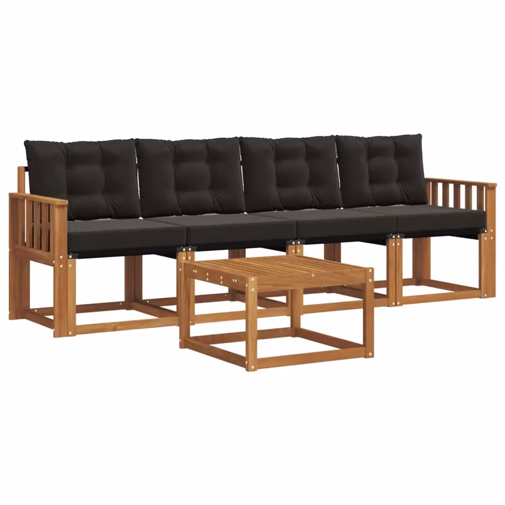 Set di divani da esterno 5 pezzi vidaXL in legno di acacia con tavolo da caffè e cuscini, Marrone e Nero – 2