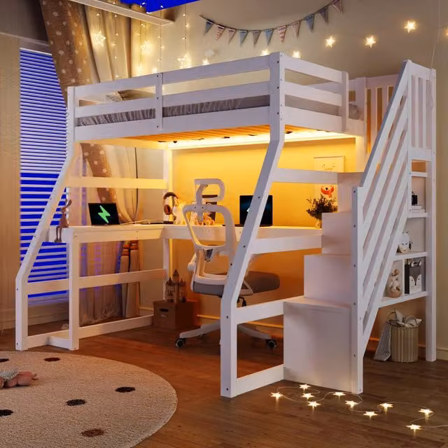 Letto alto in legno 90×200 cm bianco con scrivania a L, luci LED, porta USB e scala contenitore, senza materasso