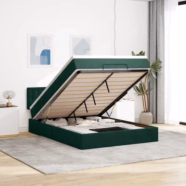 Letto con contenitore a sollevamento vidaXL in velluto verde e bianco con materasso L/P/H: 200 x 140 x 88 cm – 1