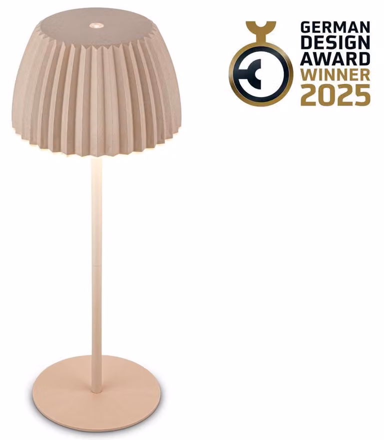 Briloner RIFFLE Lampada da tavolo senza fili IP44, dimmerabile, touch, batteria ricaricabile, vincitrice del German Design Award 2025, beige, Ø14,5 x 36,5 cm
