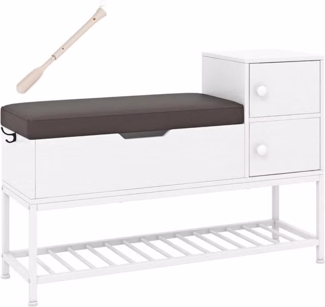 Panchina da ingresso DESIGN IN con porta scarpe, vano a ribalta e 2 armadietti, rivestimento in ecopelle bianca e struttura in MDF, metallo e plastica – 1
