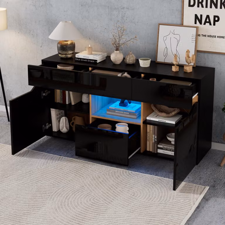 MODFU Credenza Frontale lucido Cassetti senza maniglie Vani armadio Illuminazione a LED Soggiorno Pannello truciolare Nero Colori legno