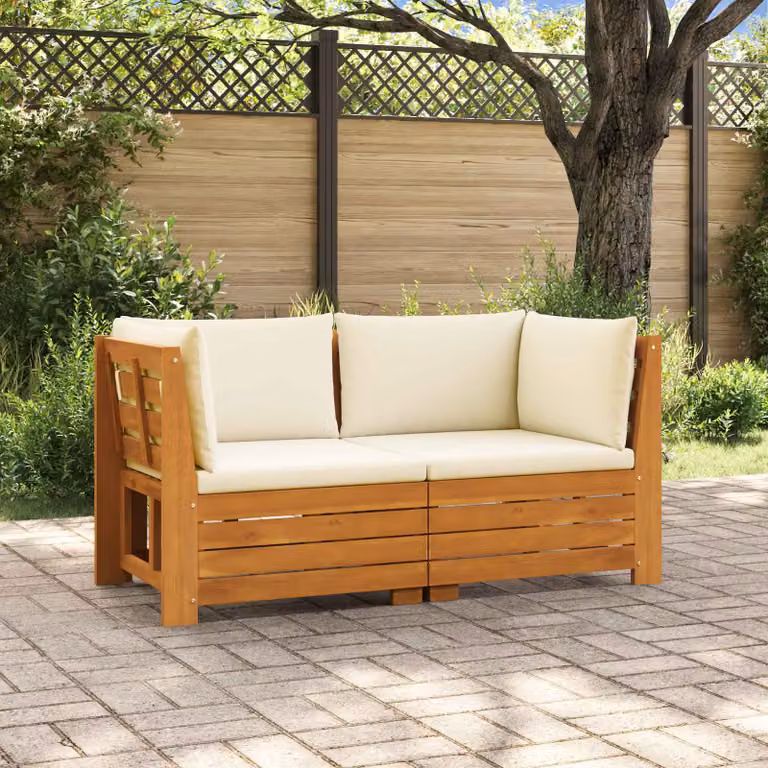 Set di 2 divani da esterno a L vidaXL in legno di acacia massello marrone con cuscini beige rimovibili e resistenti ai raggi UV